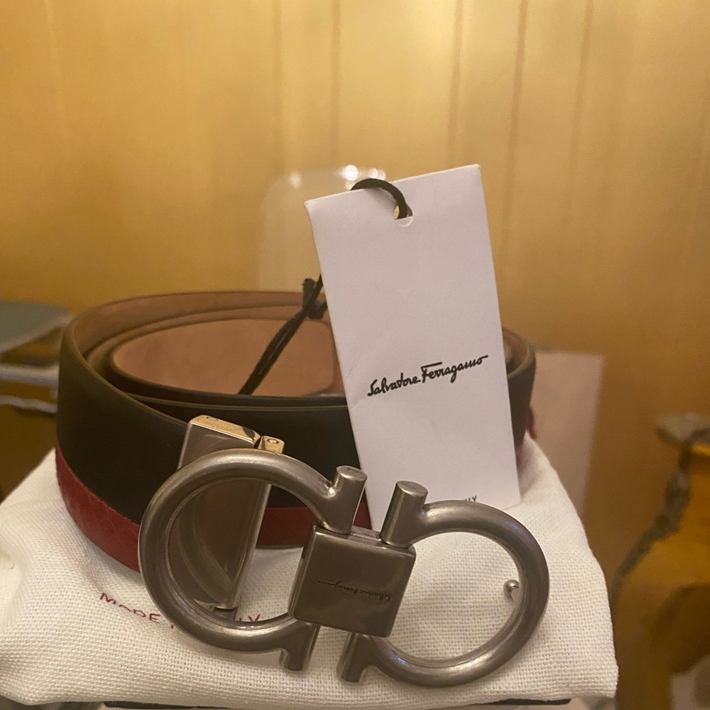 Authentic Men Ferragamo Belt, Black/Red Reptile, Size 34